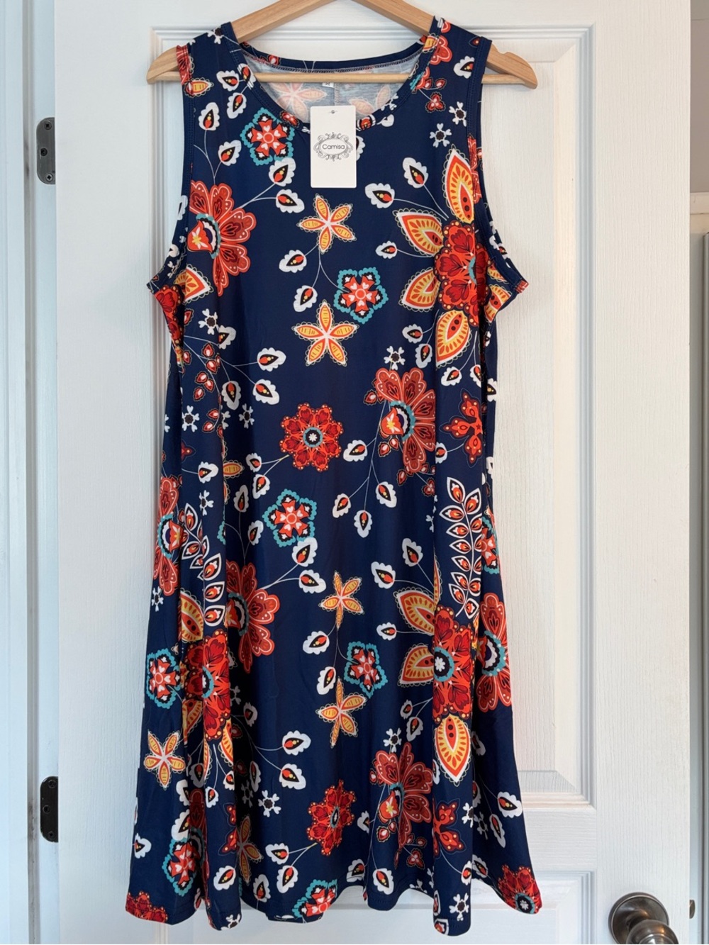 Navy Floral Sleeveless Dress - Vibrant Red & Yellow Print